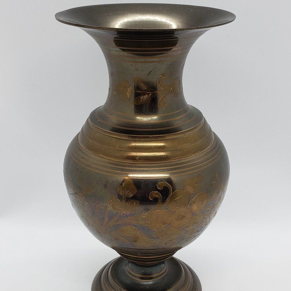 Etched Floral Vine Vintage Solid Brass Fluted Vase from India